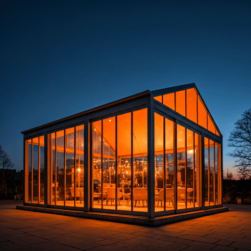 A sophisticated outdoor glass-walled pavilion at night