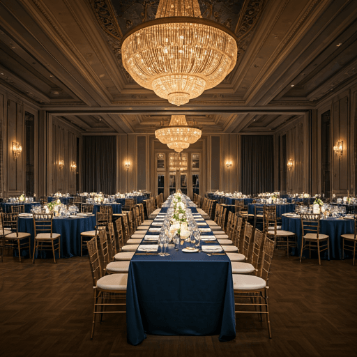 Cinematic wide shot of a luxury banquet hall with crystal chandeliers