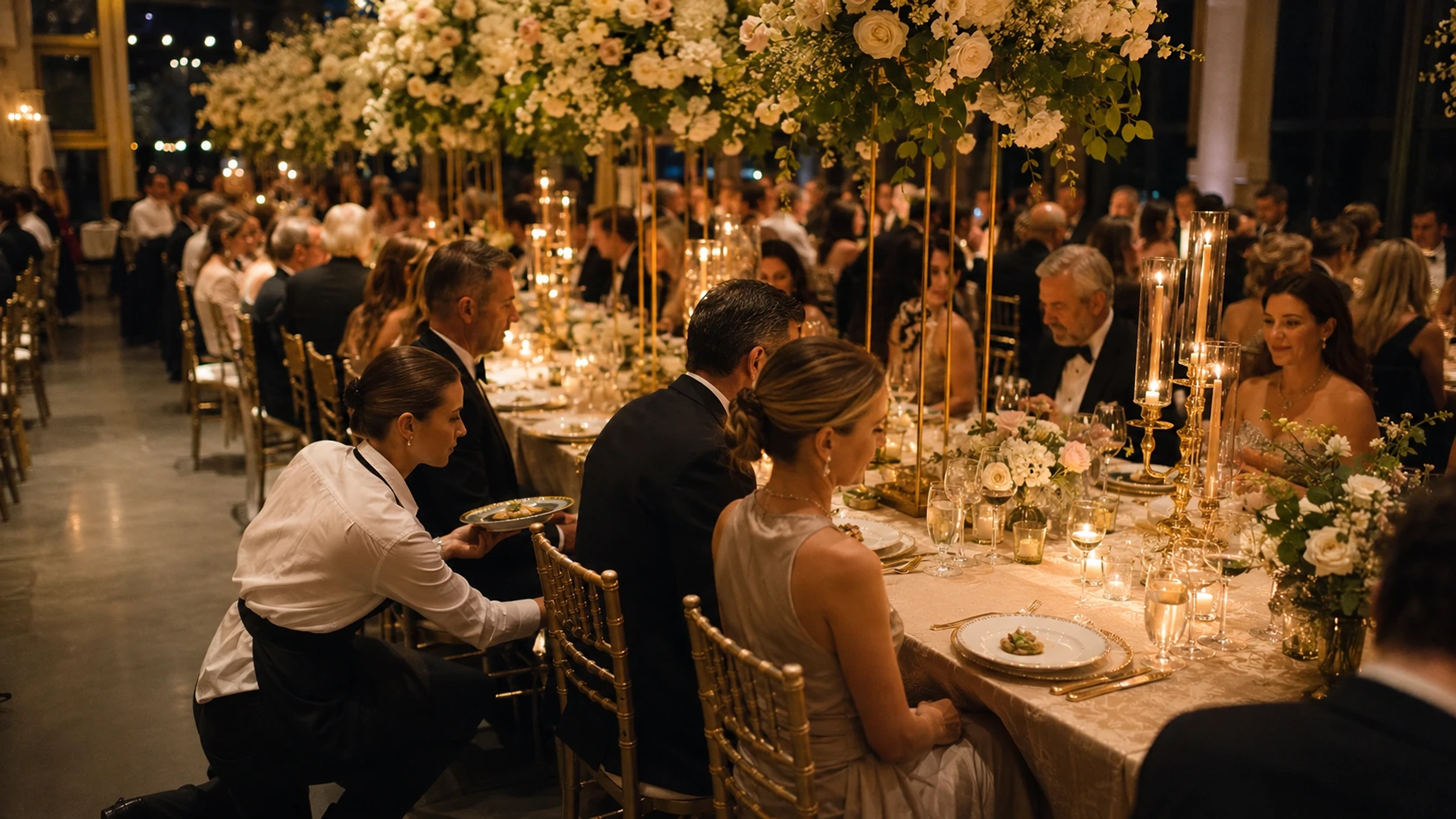 Gold cutlery and floral arrangements on a luxury dining table