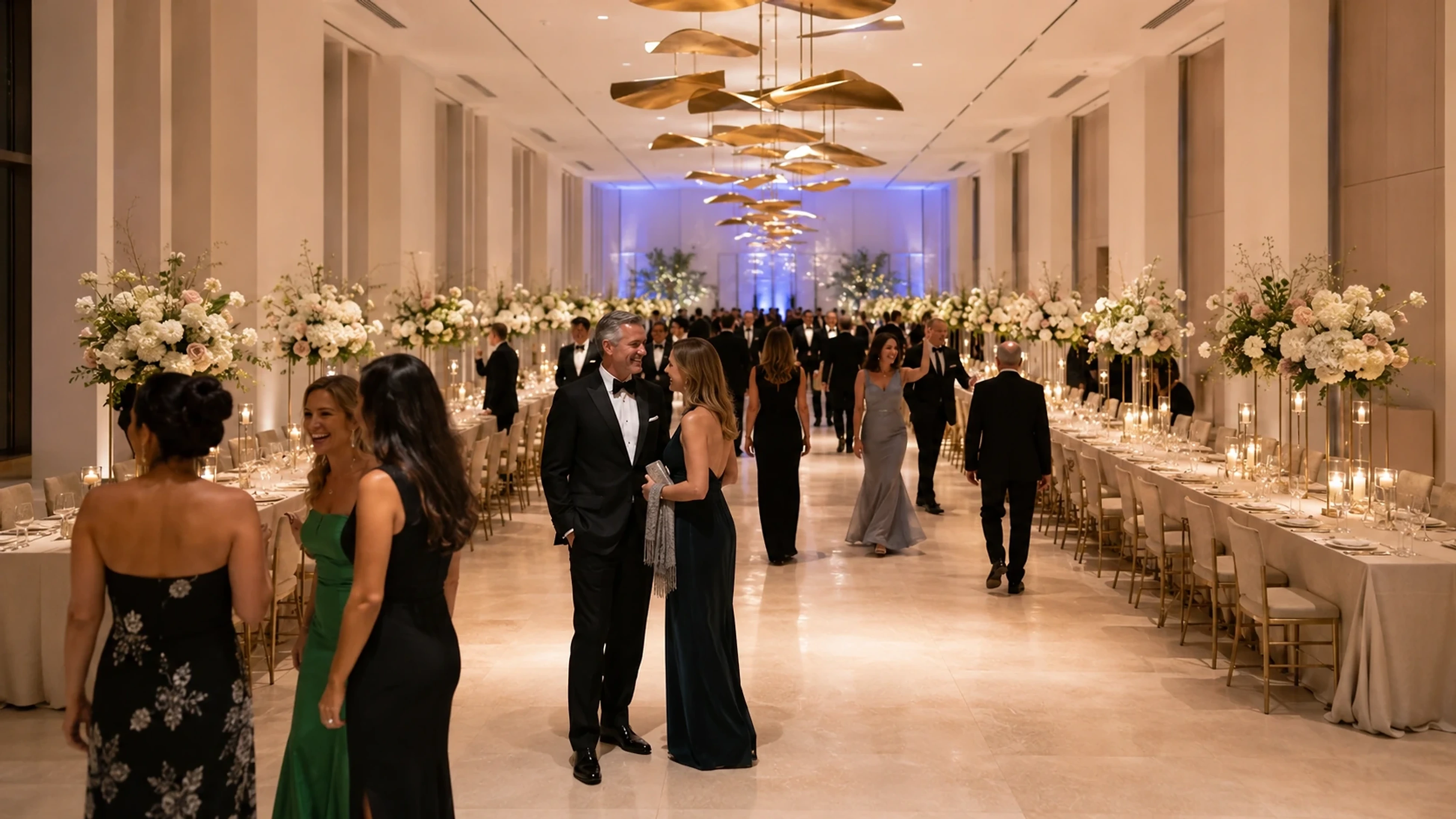 Luxury banquet hall with crystal chandeliers set for a gala