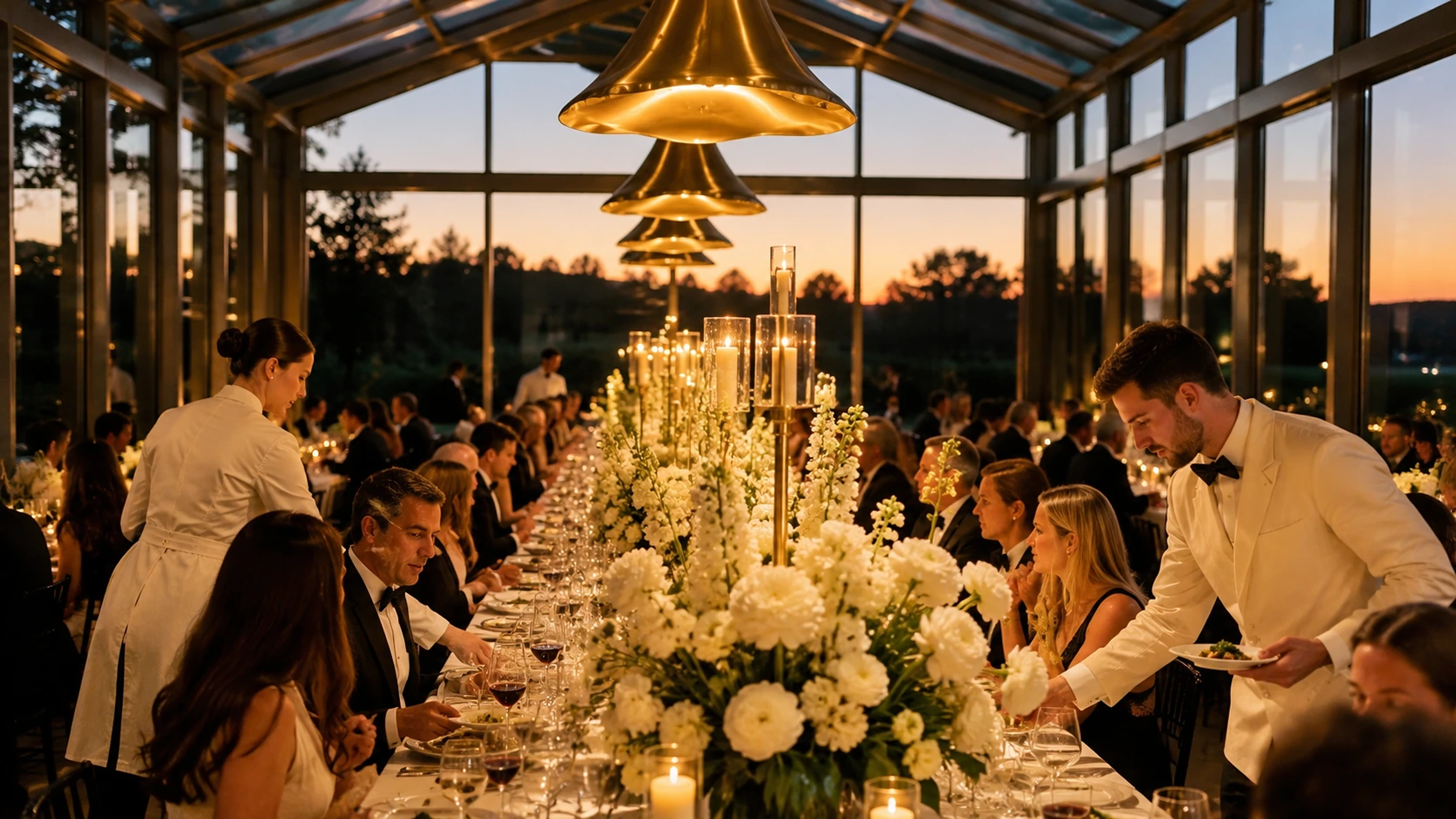 Glass pavilion illuminated at night with warm candlelight