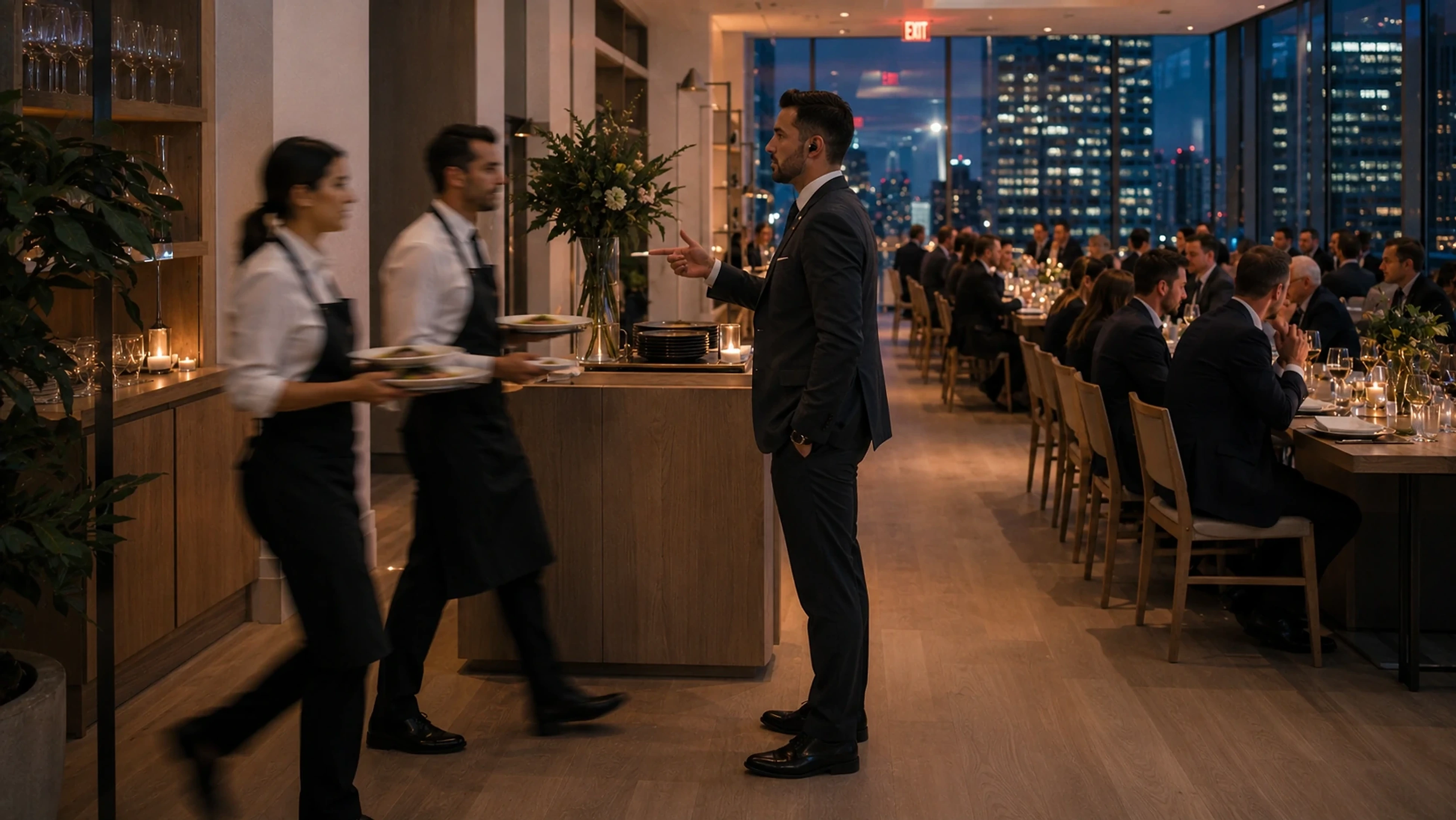 Penthouse ballroom overlooking a glittering city skyline