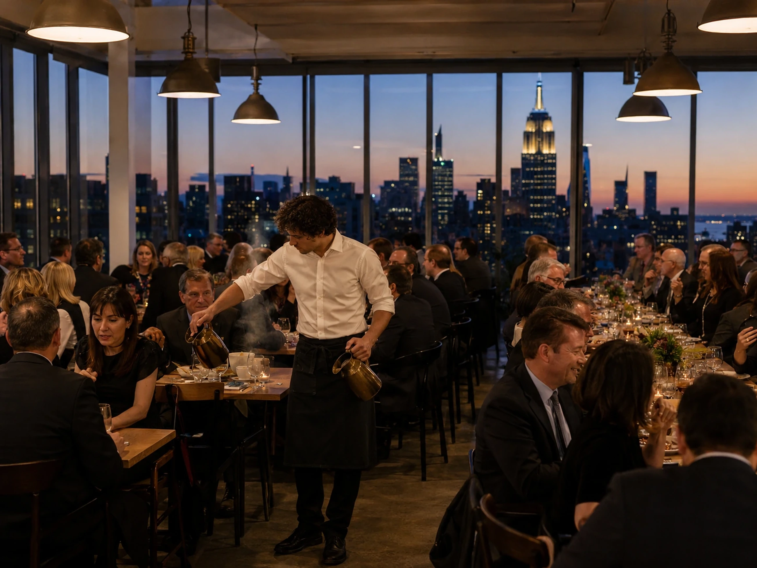 Penthouse ballroom overlooking a glittering city skyline