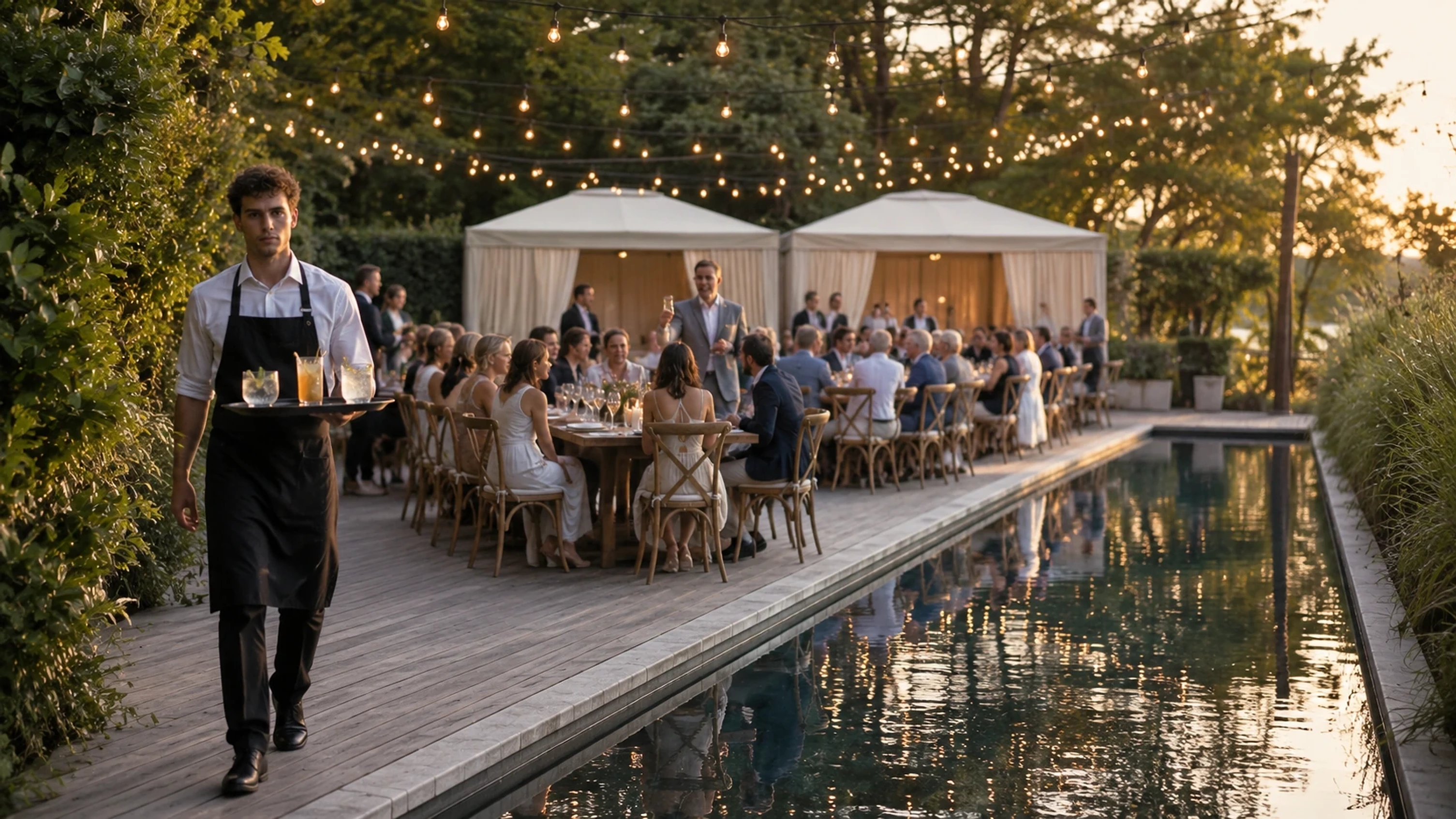 Evening gala beside an infinity pool with floating candles