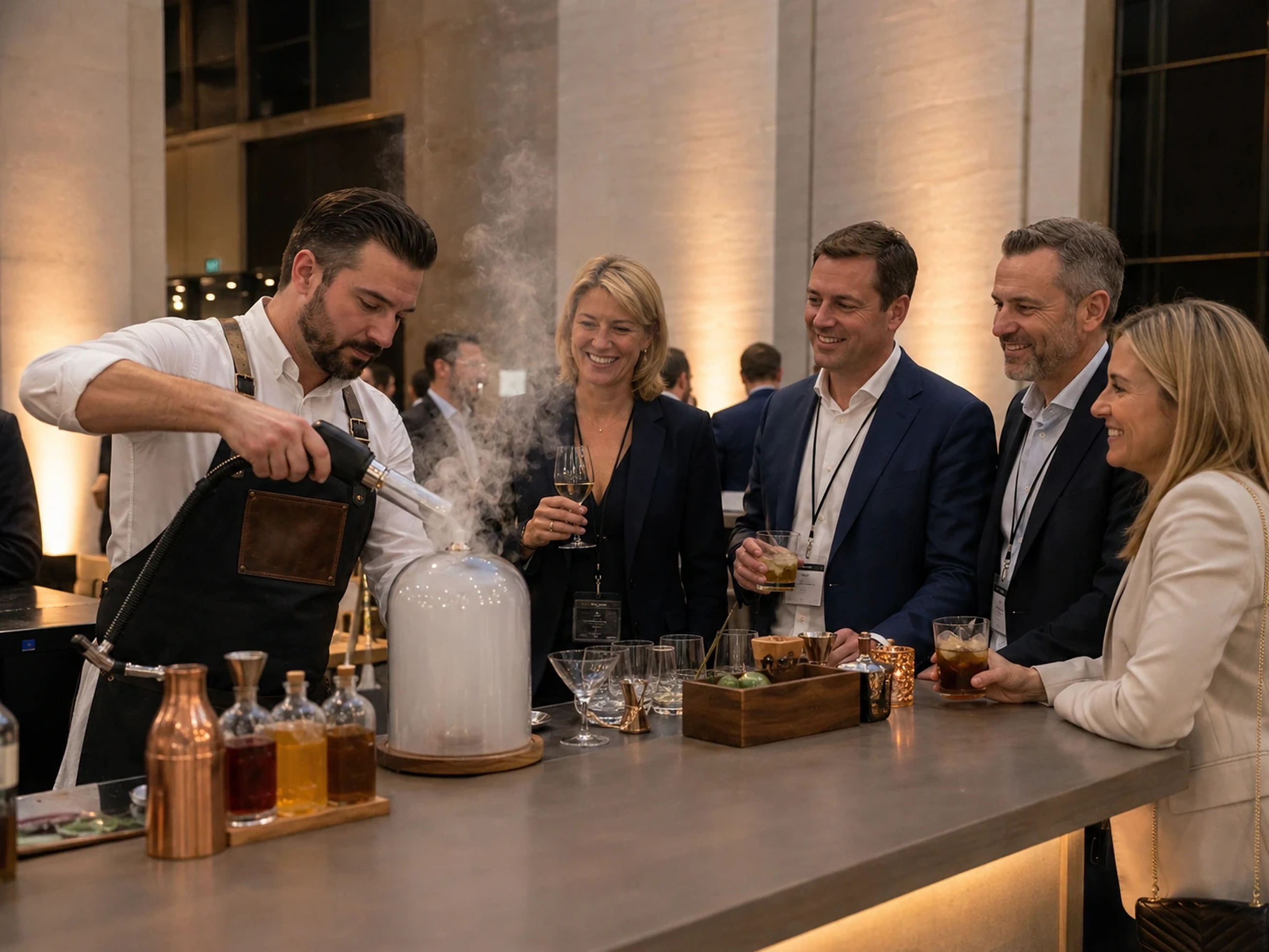 Artisanal cocktails on a polished mahogany bar