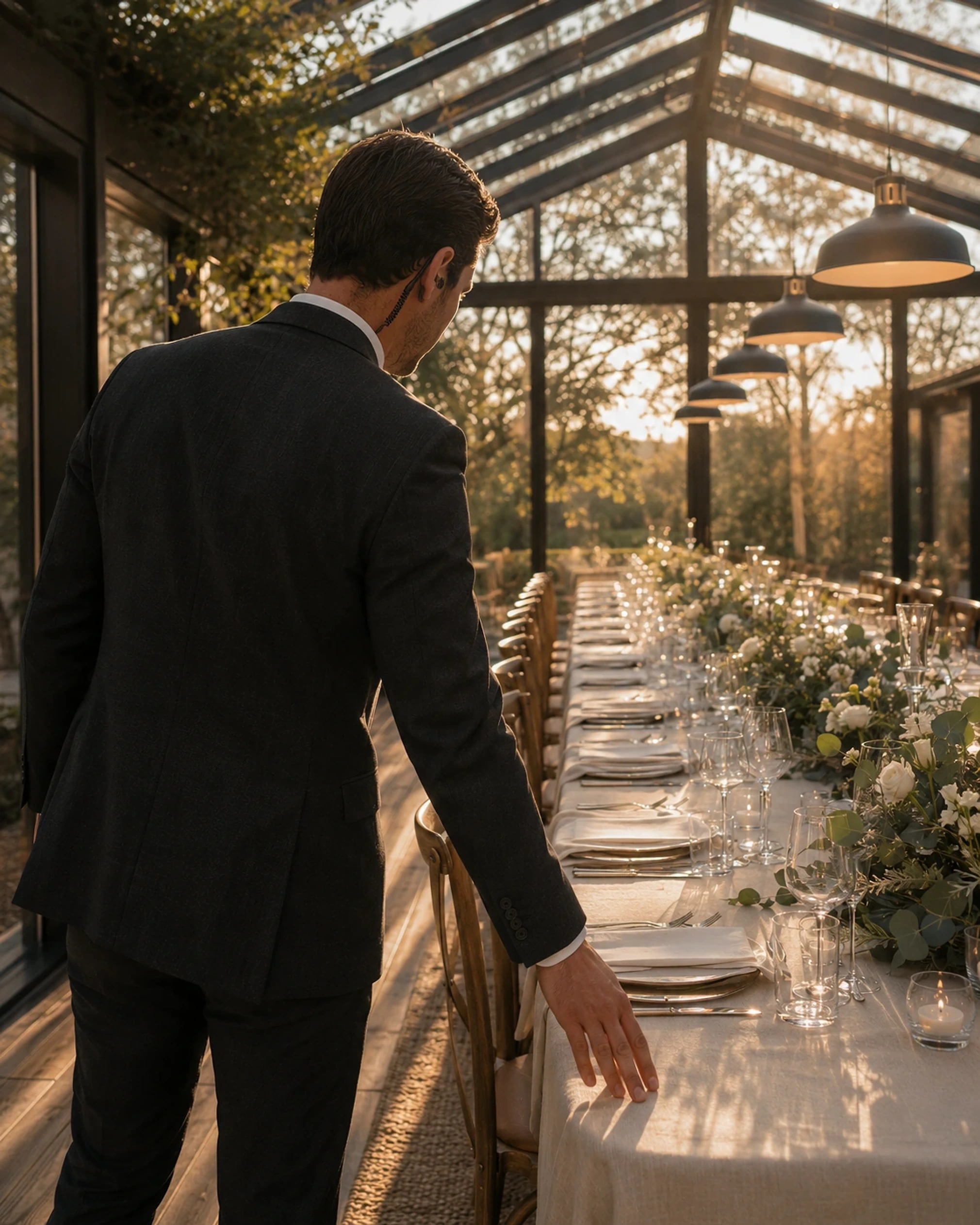 Cinematic wide shot of a luxury gala hall set for an evening event