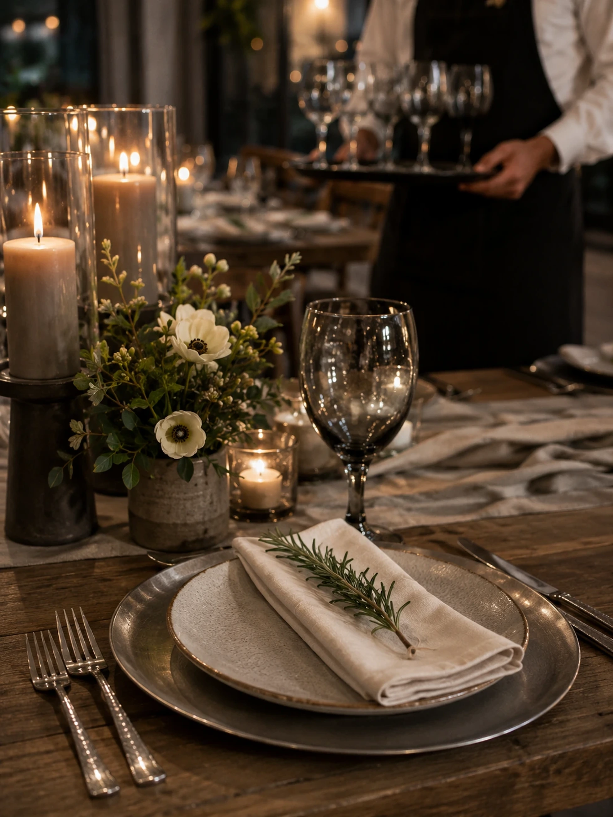 Silver table settings with candlelight