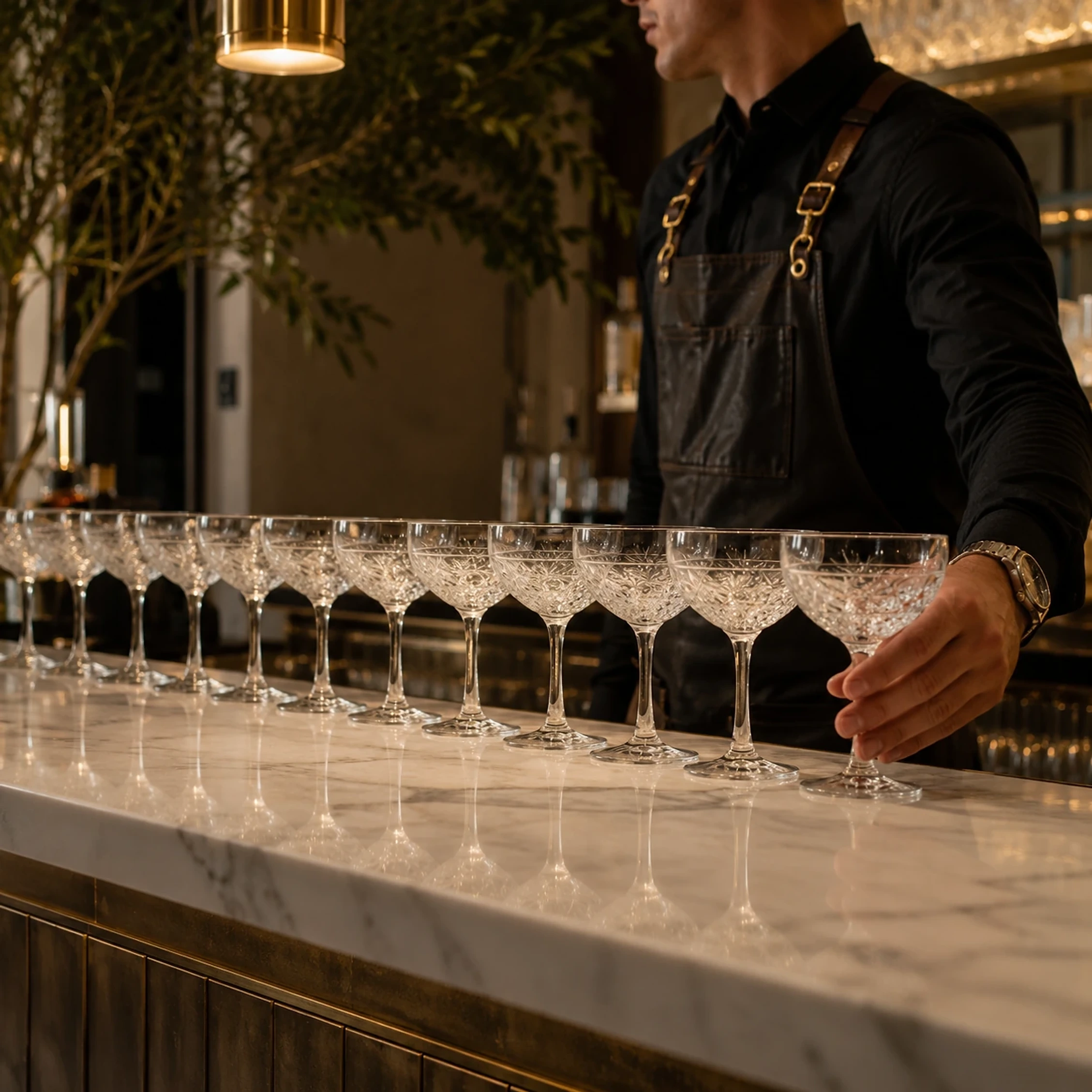 Bartender preparing crystal coupes pre-service