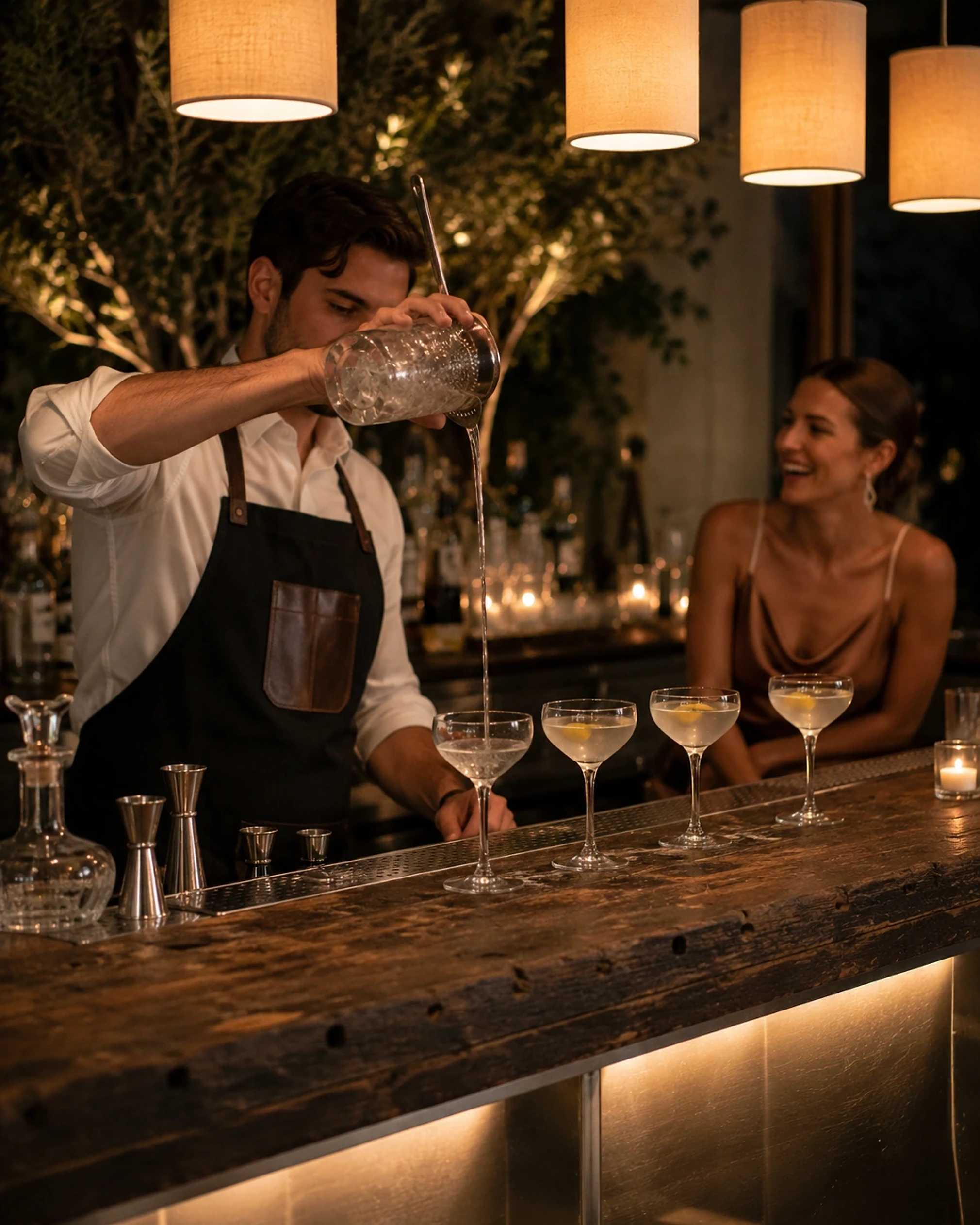 Artisanal cocktails on a polished bar