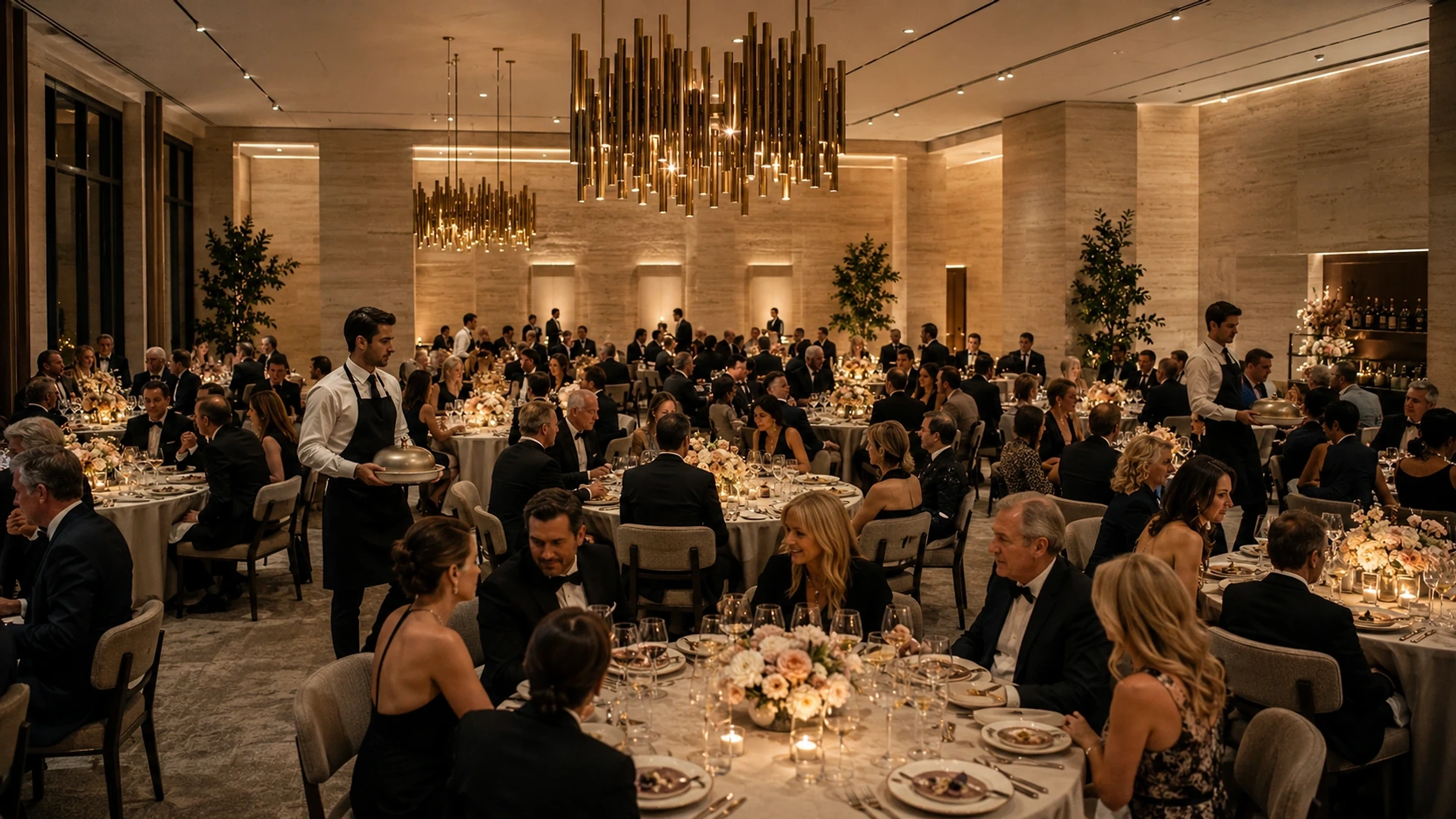 Grand luxury ballroom with crystal chandeliers and dramatic lighting