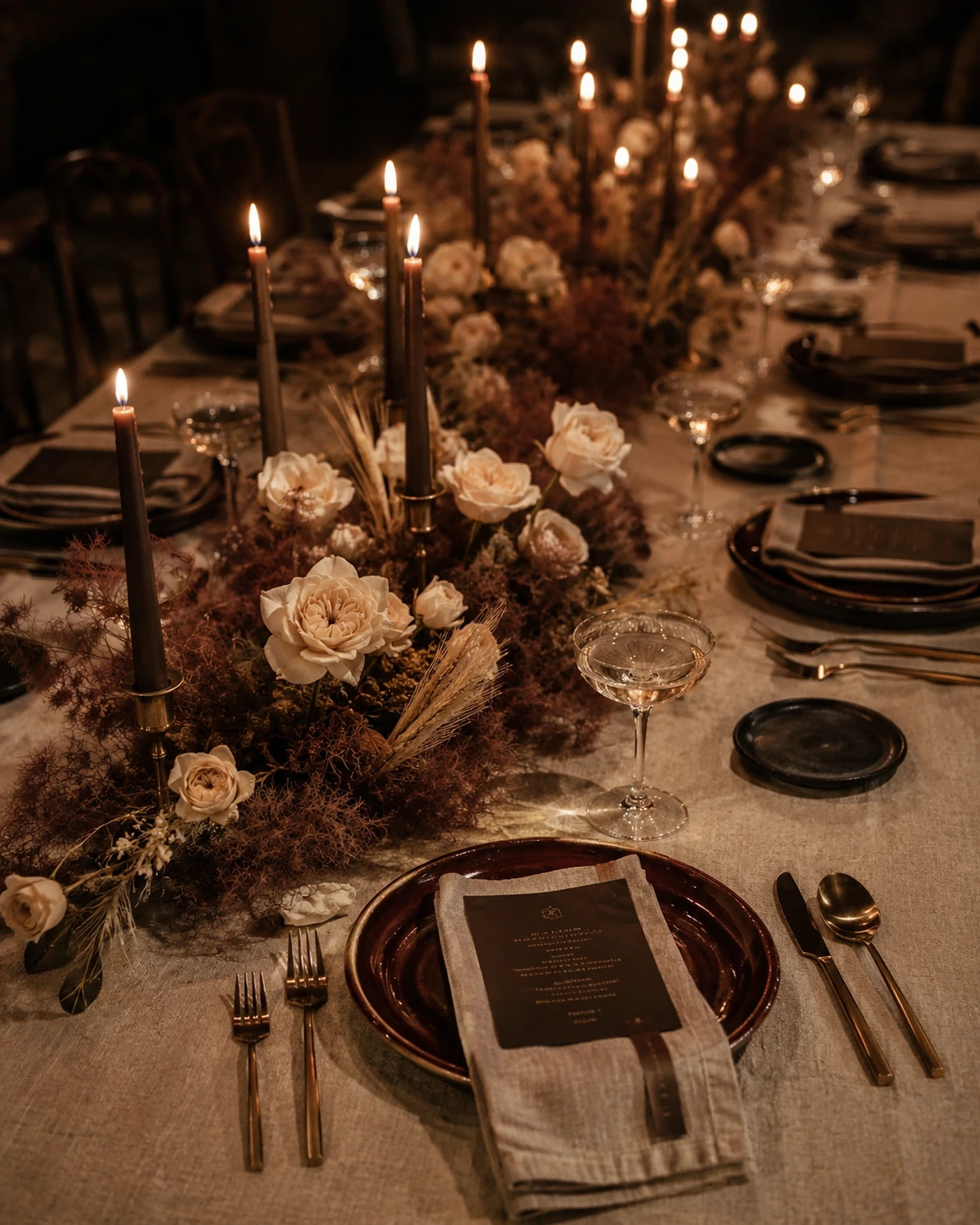 Gold cutlery and floral arrangements