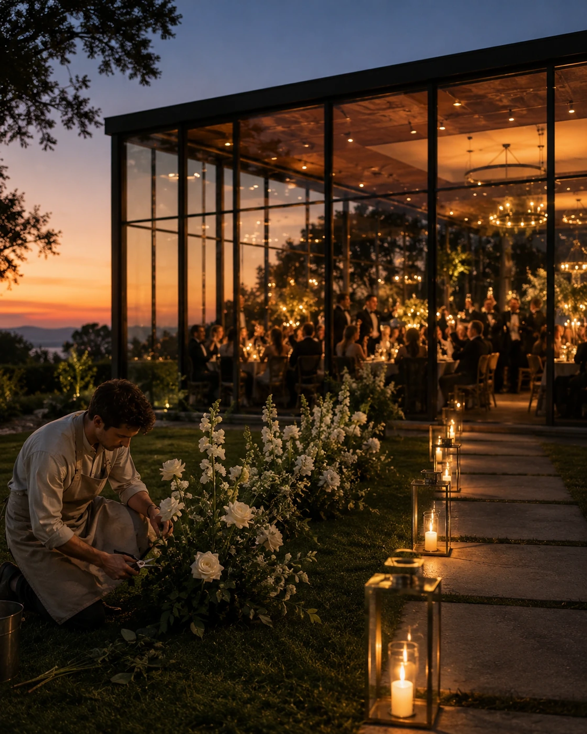 A sophisticated outdoor glass-walled pavilion at night
