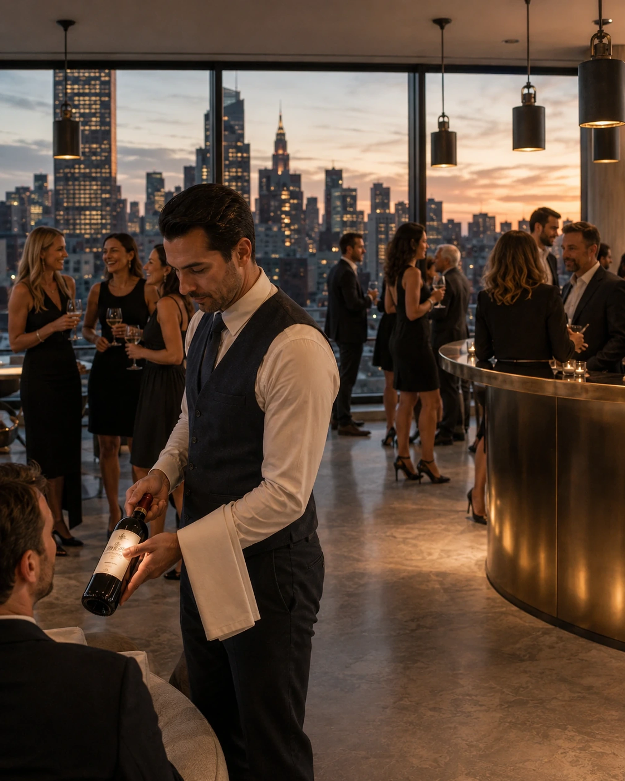Penthouse ballroom overlooking a glittering city skyline