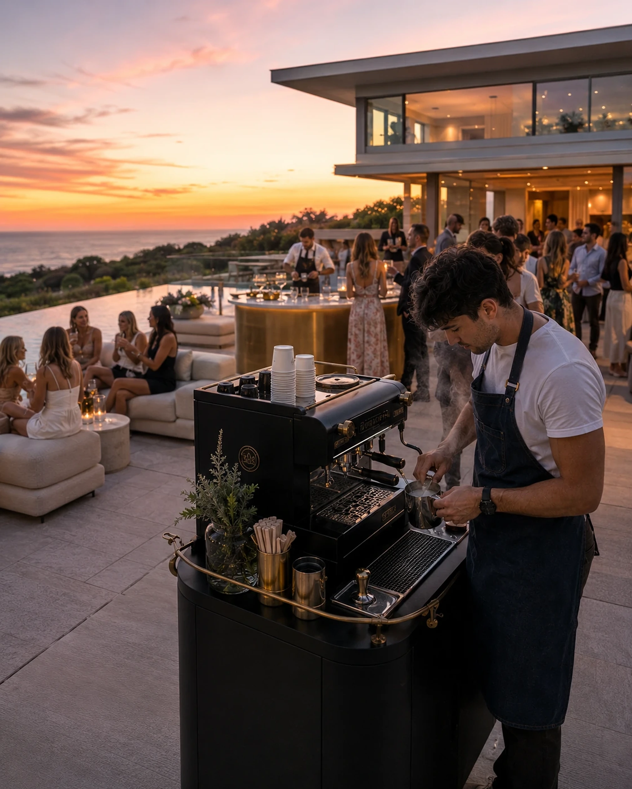 Evening gala beside an infinity pool with floating candles