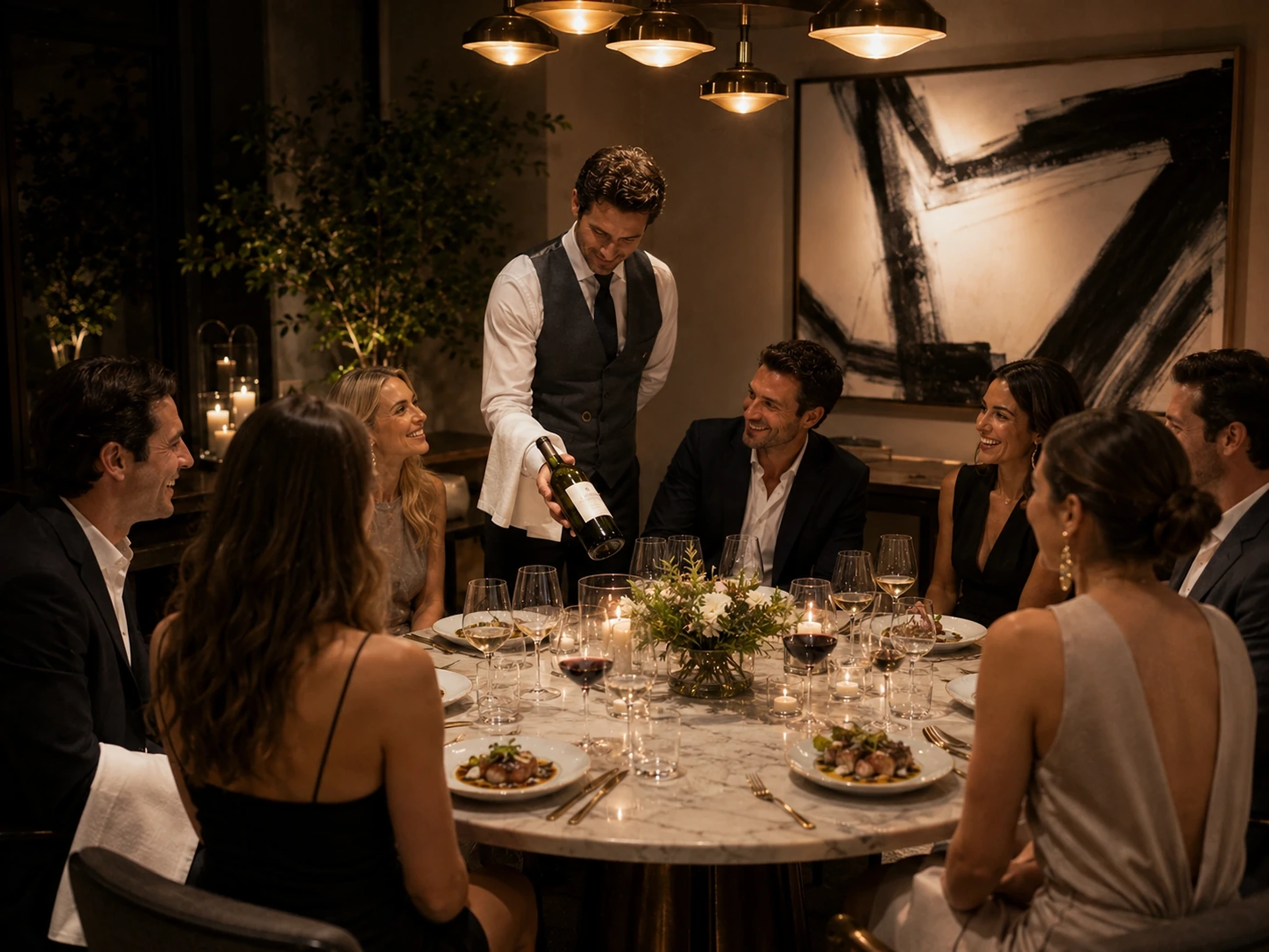 Warm bokeh lights over an elegantly set table
