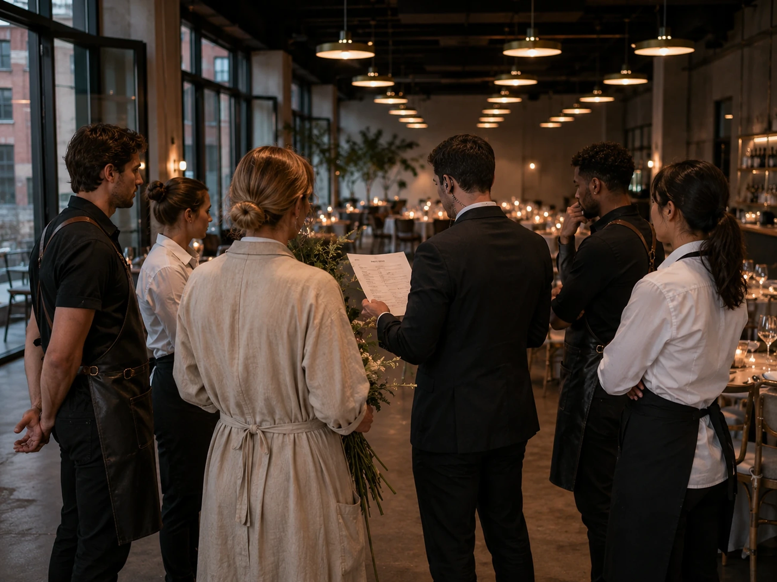 Luxury outdoor event setup with atmospheric lighting